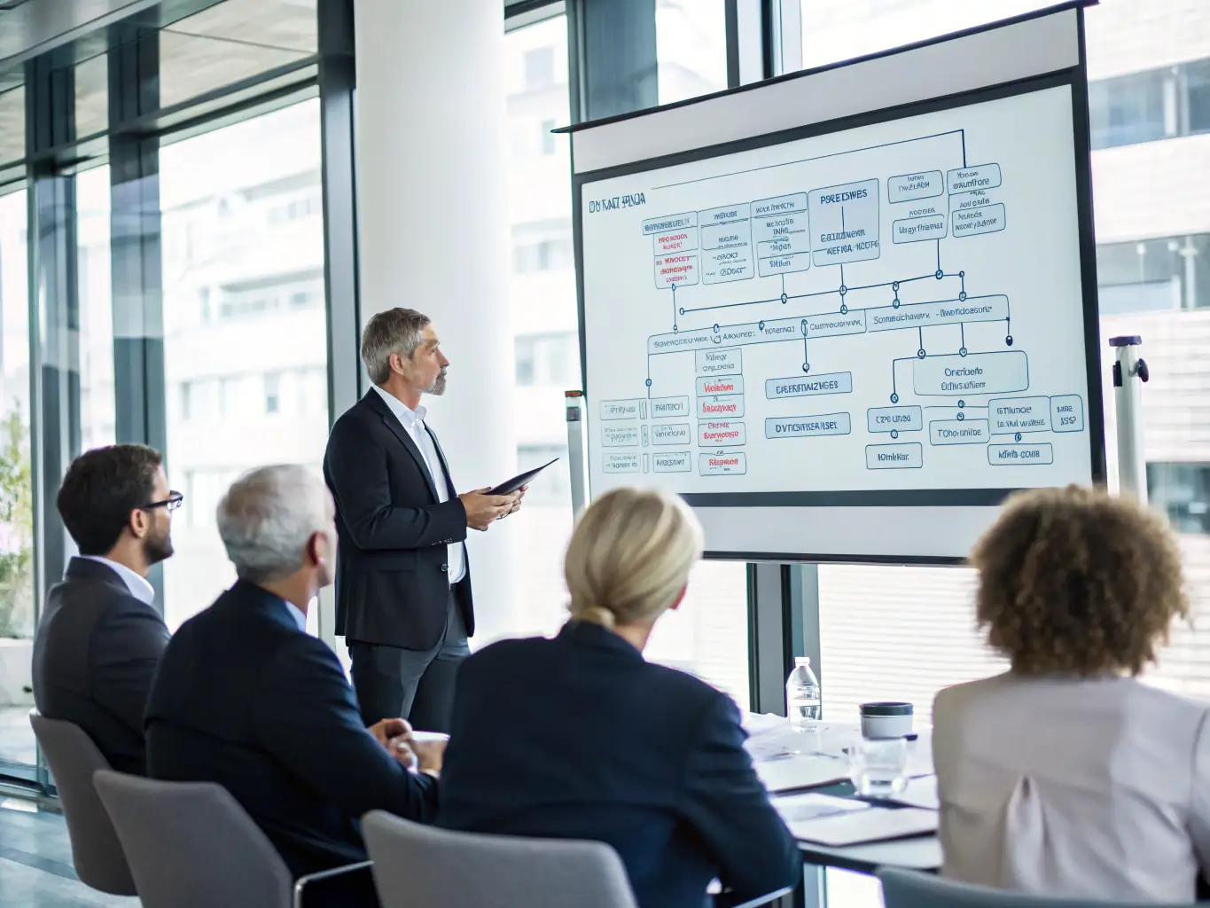A consultant presenting a turnaround plan to business executives in a modern office setting, illustrating Turnaround Strategy Consulting.
