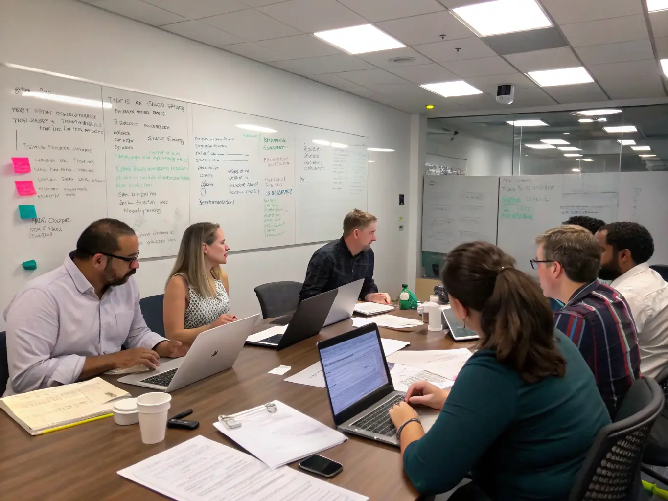 An image of a business team in a strategic meeting, analysing crisis response plans on a whiteboard, representing Crisis Management Coaching.