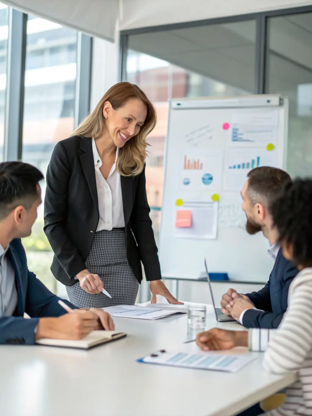 A business leader confidently addressing a team, showcasing strong leadership skills and effective communication during a turnaround.
