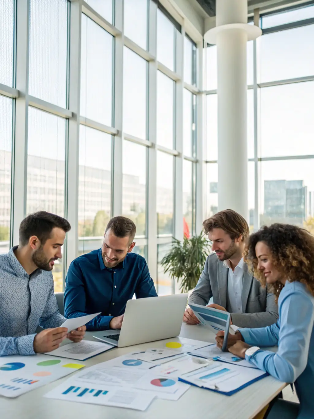 A team of business professionals collaborating around a table, analyzing data and discussing solutions, representing crisis management and problem-solving.