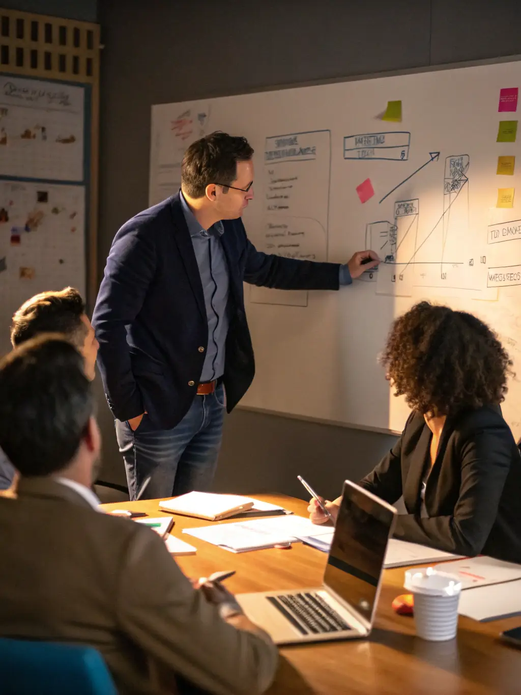 A professional business coach in a suit, confidently gesturing towards a whiteboard filled with strategic plans and charts, symbolizing proactive business planning.